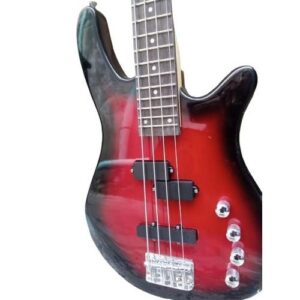 Red and black 4 string bass guitar with bag , belt and Amp cord
